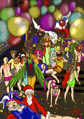 Cartoon: Fünfte Jahreszeit  5th Season (medium) by PuzzleVisions tagged puzzlevisions,karneval,fasching,carneval,fun,fools,narren,alaaf,halau,kostüme,spaß,fünfte,jahreszeit,tanzen,kussfreiheit,dancing