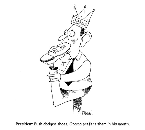 Cartoon: Shoe sucking Obama (medium) by Joebrowntoons tagged george,bush,presidentbush,conservative,cartoon,obamacartoon,politicalcartoon,liberalcartoon,democratcartoon,shoes,throw,shoe