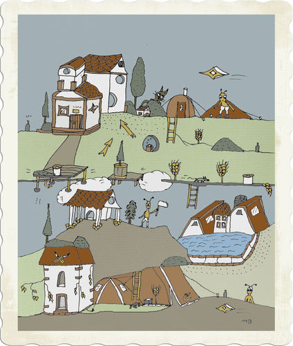 Cartoon: Luftreich (medium) by zeichenstift tagged wimmelbild,fantasie,luftreich,berge,wasser,häuser,bäume,katze,kinderbuch