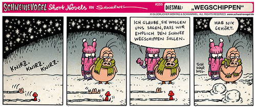 Cartoon: Schweinevogel Wegschippen (medium) by Schweinevogel tagged schwarwel,short,novel,funny,comic,comicstrip,schnee,winter,kalt,haustiere,schneien,wegschippen,hören,pinguin,ferkel,iron,doof,wetter
