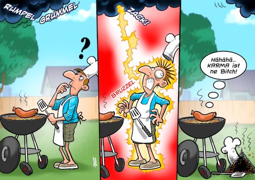 Cartoon: Grill Karma (medium) by Chris Berger tagged grillerei,bbq,bratwurst,gewitter,griller,karma,grillerei,bbq,bratwurst,gewitter,griller,karma