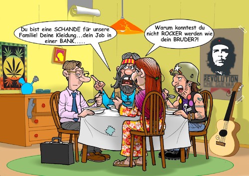 Cartoon: Hippie Eltern (medium) by Chris Berger tagged banker,schande,rocker,hippies,schimpfen,peace,love,kapitalisten,kommunisten,banker,schande,rocker,hippies,schimpfen,peace,love,kapitalisten,kommunisten