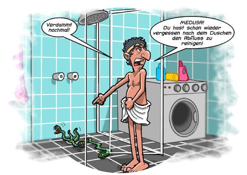 Cartoon: Hygiene im alten Griechenland (medium) by Chris Berger tagged medusa,schlangen,haupt,dusche,abfluss,verstopfung,medusa,schlangen,haupt,dusche,abfluss,verstopfung