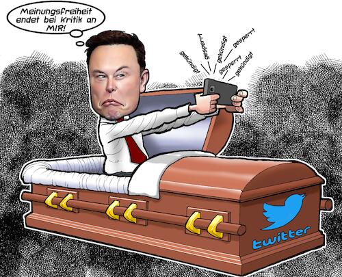 Cartoon: Twitter (medium) by Chris Berger tagged elon,musk,twitter,reporter,sperre,kündigung,mitarbeiter,milliardär,kritik,elon,musk,twitter,reporter,sperre,kündigung,mitarbeiter,milliardär,kritik