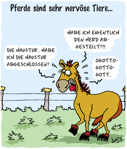 Cartoon: Nervöse Tiere (medium) by Karsten Schley tagged pferde,nervosität,charakter,natur,umwelt,tiere,pferde,nervosität,charakter,natur,umwelt,tiere