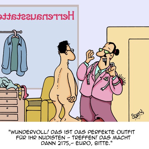 Cartoon: Perfektes Outfit! (medium) by Karsten Schley tagged mode,kleidung,schneider,herrenausstatter,männer,nudisten,hobbies,jobs,handel,verkauf,geld,mode,kleidung,schneider,herrenausstatter,männer,nudisten,hobbies,jobs,handel,verkauf,geld