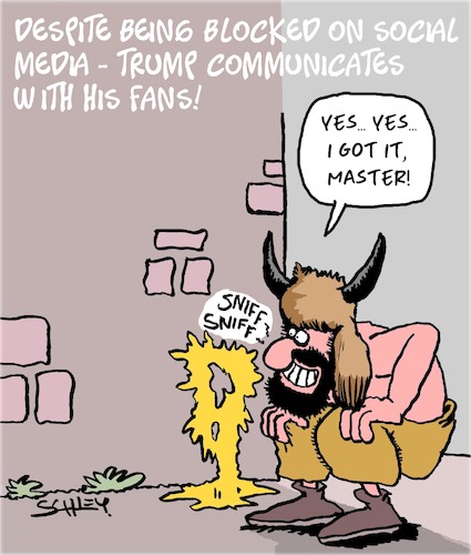 Cartoon: Trump communicates (medium) by Karsten Schley tagged trump,usa,conspiracies,qanon,fake,news,elections,extremism,media,capitol,politics,social,trump,usa,conspiracies,qanon,fake,news,elections,extremism,media,capitol,politics,social