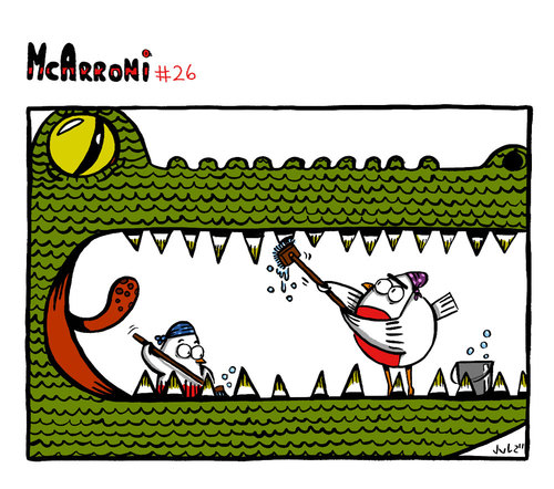 Cartoon: McArroni nro. 26 (medium) by julianloa tagged mcarroni,bird,friend,crocodile,cleaning,job,teeth,dangerous
