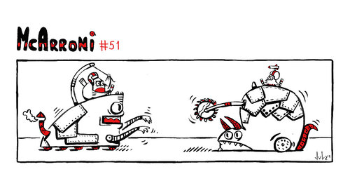 Cartoon: McArroni nro. 51 (medium) by julianloa tagged mcarroni,bird,amadeo,robot,fight