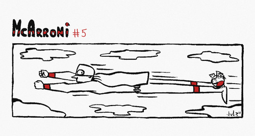 Cartoon: McArroni Nro. 5 (medium) by julianloa tagged mcarroni,bird,superhero,ride,flying,transport