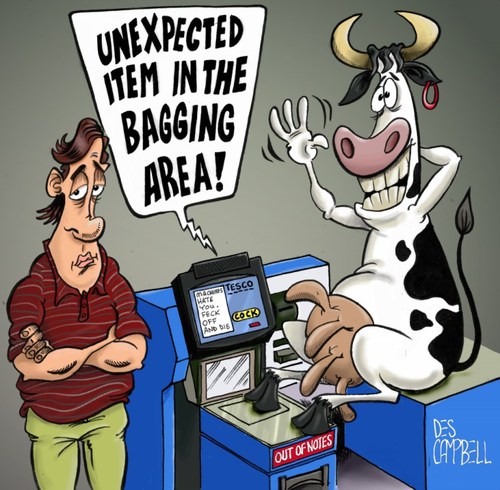 Cartoon: An unexpected item! (medium) by campbell tagged shopping,cow,supermarket,tesco