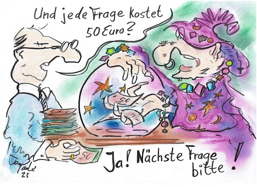 Cartoon: Die 50 Euro Frage (medium) by TomPauLeser tagged wahrsager,wahrsagerkugel,geldscheine,banknoten,kristal,kristalkugel,kugel,sterne,mond,diamanten,die,50,euro,frage
