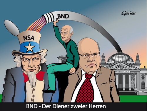 Cartoon: NSA  BND Skandal (medium) by ESchröder tagged nsa,bnd,geheimdienst,spionage,skandal,peter,altmeier,gerhard,schindler,uncle,sam,aushorchen,selektoren,defizite,beim,karikatur,eschröder