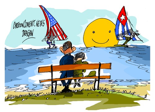 Cartoon: Barack Obama-Raul Castro (medium) by Dragan tagged barack,obama,raul,castro,cuba,eeuu,politics,cartoon