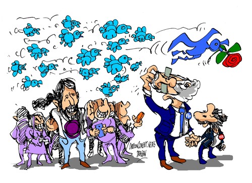 Cartoon: Pablo-Rajoy-Rubalcaba-Twitt (medium) by Dragan tagged pablo,iglesias,podemos,mariano,rajoy,partido,popular,pp,alfredo,perez,rubalcaba,socialista,obrero,espanjol,psoe,politics,cartoon