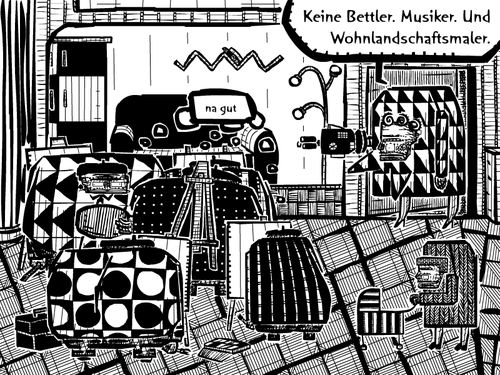 Cartoon: musiker (medium) by bob schroeder tagged bettler,musiker,maler,kunst,laden,wohnen,obdachlos,moebel