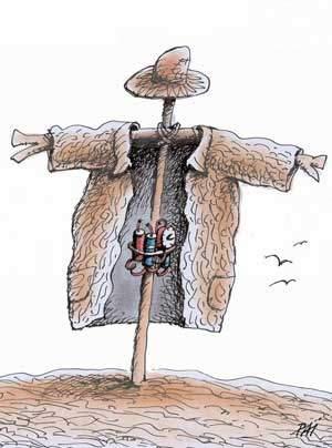 Cartoon: terrorist (medium) by penapai tagged bomb,,vogelscheuche,bombe,attentat,sprengen,terrorist,anschlag,selbstmord,opfern,angst,schrecken,allah,al qaida,osama bin laden,irak,afghanistan,muslim,islam,koran