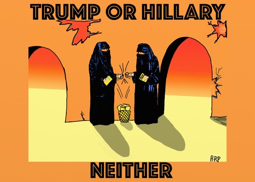 Cartoon: Even over there (medium) by tonyp tagged arp,trump,hillary