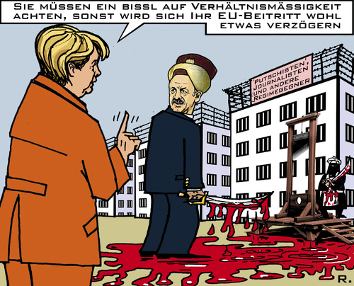 Cartoon: Verhältnismässigkeit (medium) by RachelGold tagged totalitär,verhaftungen,todesstrafe,blutbad,sultan,islamofaschismus,putsch,pseudo,säuberungen,türkei,deutschland,erdogan,merkel
