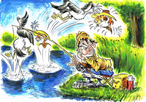 Cartoon: THE BIRDS ARE BITING (medium) by Tim Leatherbarrow tagged fishing,birds,timleatherbarrow