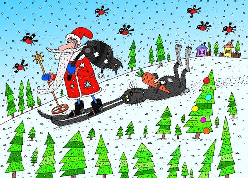 Cartoon: Santa (medium) by Sergei Belozerov tagged nickel,santa,claus,weihnachtsmann,cat,hare,ski