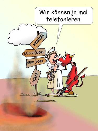 Cartoon: Zur Hölle (medium) by wista tagged hölle,himmel,engel,teufel,satan,höllenfeuer,feuer,abschied,wege,wegweiser,freunde,dumme,sprüche,good,bye,tschüss