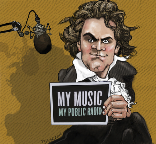 Cartoon: Beethoven supports public radio (medium) by frostyhut tagged beethoven,composer,npr,radio,public,classical,microphone
