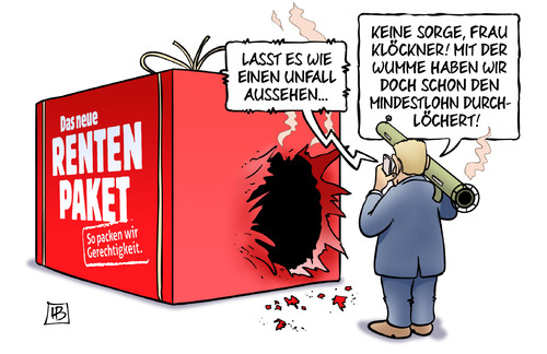 Cartoon: Rentenpaket-Beschuss (medium) by Harm Bengen tagged rentenpaket,beschuss,bazooka,unfall,wumme,waffe,loch,durchlöchert,mindestlohn,groko,bundesregierung,koalition,klöckner,cdu,harm,bengen,cartoon,karikatur,rentenpaket,beschuss,bazooka,unfall,wumme,waffe,loch,durchlöchert,mindestlohn,groko,bundesregierung,koalition,klöckner,cdu,harm,bengen,cartoon,karikatur