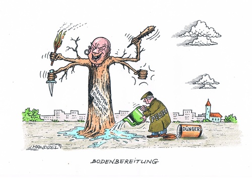 Cartoon: Pegida als Bodenbereiter (medium) by mandzel tagged rechtsradikalismus,gewalt,fremdenfeindlichkeit,pegida,pegida,fremdenfeindlichkeit,gewalt,rechtsradikalismus