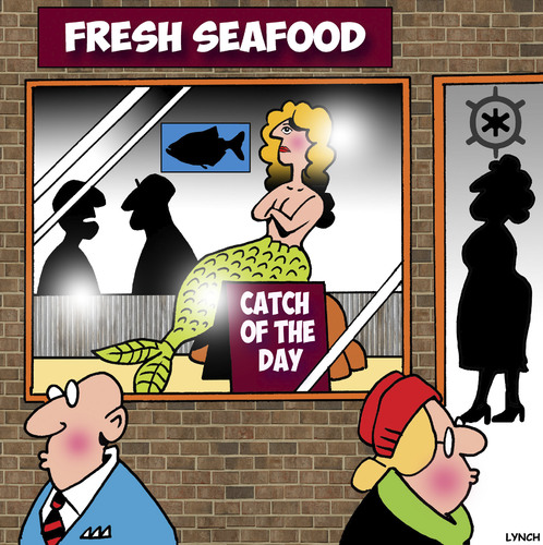 Cartoon: Catch of the day (medium) by toons tagged mermaid,fish,seafood,retail,shopping,catch,of,the,day,fresh,mermaid,fish,seafood,retail,shopping,catch,of,the,day,fresh
