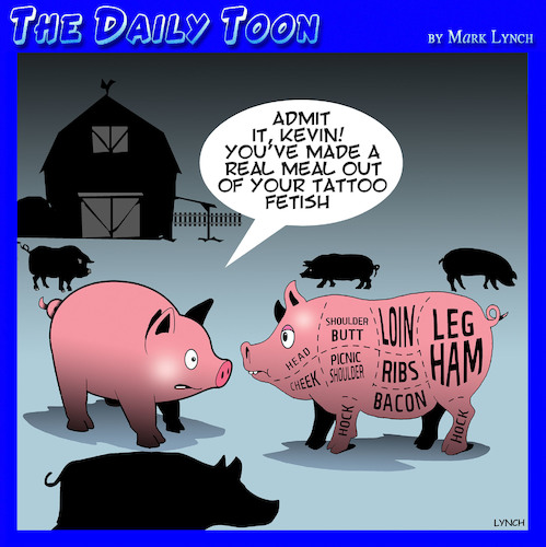 Cartoon: Kevin Bacon (medium) by toons tagged pigs,bacon,tattoos,farmyard,hogs,pork,animals,pigs,bacon,tattoos,farmyard,hogs,pork,animals