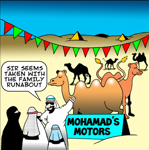 Cartoon: mohamads motors (medium) by toons tagged mohamad,cars,car,sales,vehicles,suv,arabs,desert,camels,animals