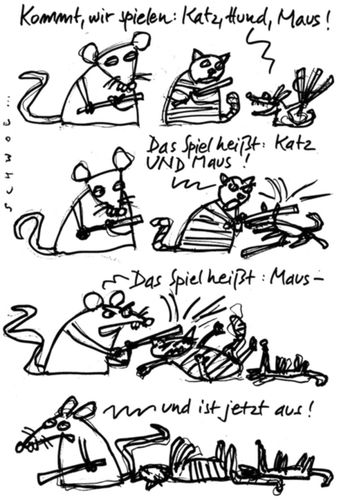 Cartoon: MausSpiel (medium) by schwoe tagged maus,katze,hund,spiel,rache,redensart,gegner,feindschaft