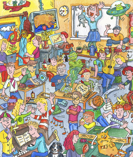 Cartoon: wimmelbild schule (medium) by sabine voigt tagged wimmelbild,schule,klasse,unterricht,klassenzimmer,deutschland,deutsch