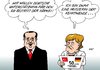 Cartoon: Erdogan Merkel (small) by Erl tagged türkei,deutschland,50,jahre,anwerbeabkommen,gastarbeiter,integration,migration,eu,mitgliedschaft,unterstützung,erdogan,merkel,skepsis,kehrtwende