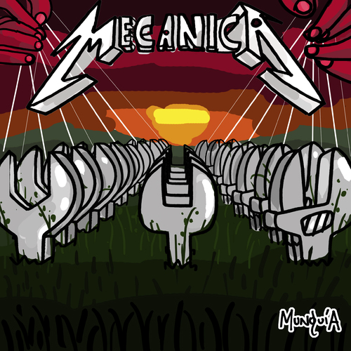 Cartoon: Mecanica (medium) by Munguia tagged master,of,puppets,mecanica,metallica,album,cover,parody,wrench,cementery