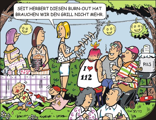 Cartoon: Burnout 2 (medium) by JotKa tagged burnout,syndrom,ausbrennen,ausgebranntsein,gartenparty,freunde,nachbarn,grillen,feiern