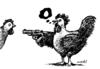 Cartoon: ...or eggs..or your life... (small) by Medi Belortaja tagged eggs,gun,chicken,threat,rooster,black,humor