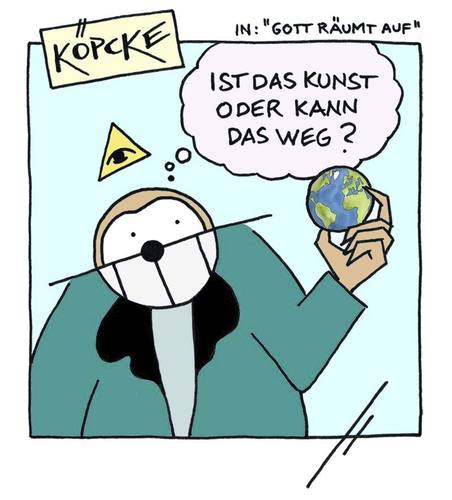 Cartoon: Gott räumt auf (medium) by badham tagged hammel,björn,badham,kater,köpcke,gott,erde,kunst
