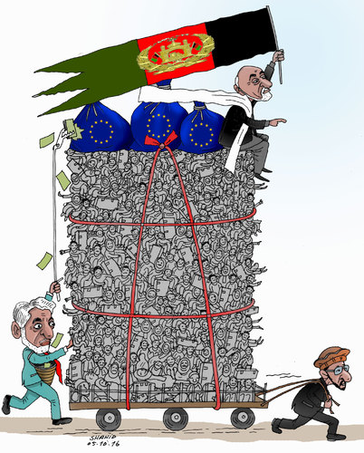 Cartoon: Afghanistan and EU Deal (medium) by Shahid Atiq tagged afghanistan,kabul,syria,iran,switzerland,schweiz,usa,france,football,safi,cartooneu,uk,safe,atiq,fara,shahid,nice