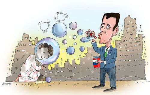 Cartoon: Assads babble gas (medium) by Shahid Atiq tagged syria,afghanistan,iraq,yemen