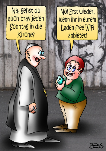 Cartoon: free WiFi (medium) by besscartoon tagged free,wifi,sonntag,pfarrer,priester,gottesdienst,religion,christentum,kirche,katholisch,evangelisch,handy,technik,bess,besscartoon