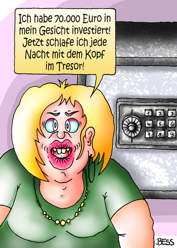 Cartoon: Investition fürs Leben (medium) by besscartoon tagged frau,schönheit,schönheitsoperation,tresor,safe,schlafen,euro,investiert,bess,besscartoon