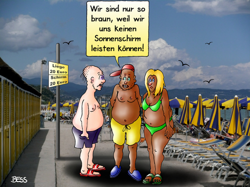 Cartoon: Urlaubsbräune (medium) by besscartoon tagged mann,frau,urlaub,ferien,braun,strand,liege,sonne,sonnenschirm,geld,bess,besscartoon