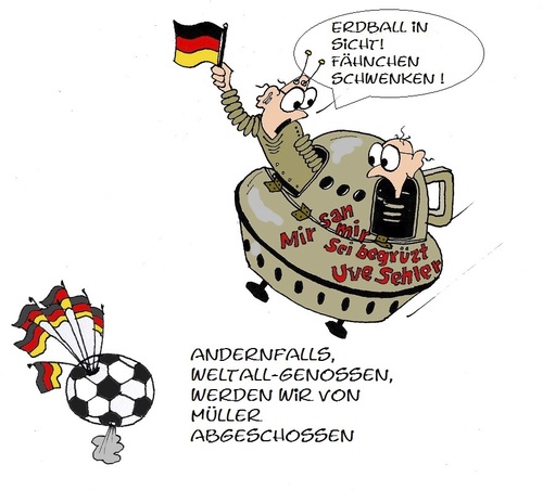 Cartoon: Besuch auf dem Erdball (medium) by Retlaw tagged uwe,seeler,müller,abschießen,fähnchen,schwenken