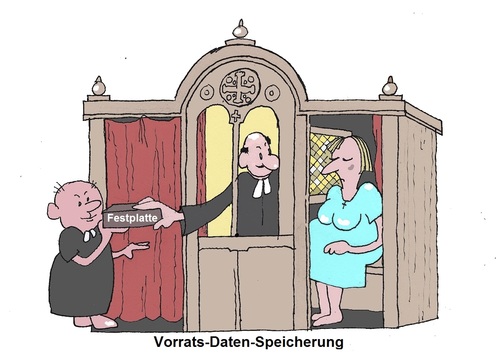 Cartoon: Vorratsdatenspeicherung (medium) by Retlaw tagged kirche,geheimnis,offeenbarung,datenschutz,neugier