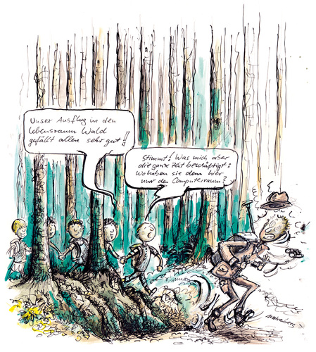 Cartoon: Exkursion (medium) by Mohrenberg tagged wald,schule,ausflug,ranger,kinder,computer