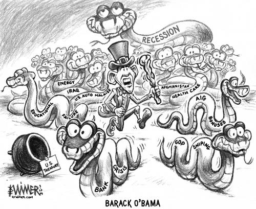 Cartoon: Barack O Bama (medium) by karlwimer tagged patty,shillelagh,snakes,leprechaun,us,economy,recession,banking,gold,treasury,obama,barack,president