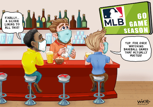 Cartoon: Baseball Games That Matter (medium) by karlwimer tagged covid,coronavirus,mlb,major,league,baseball,sports,fans,bar