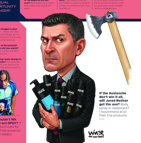 Cartoon: Bednar Axe Hockey (medium) by karlwimer tagged ice,hockey,colorado,avalanche,nhl,jared,bednar,sports,cartoon